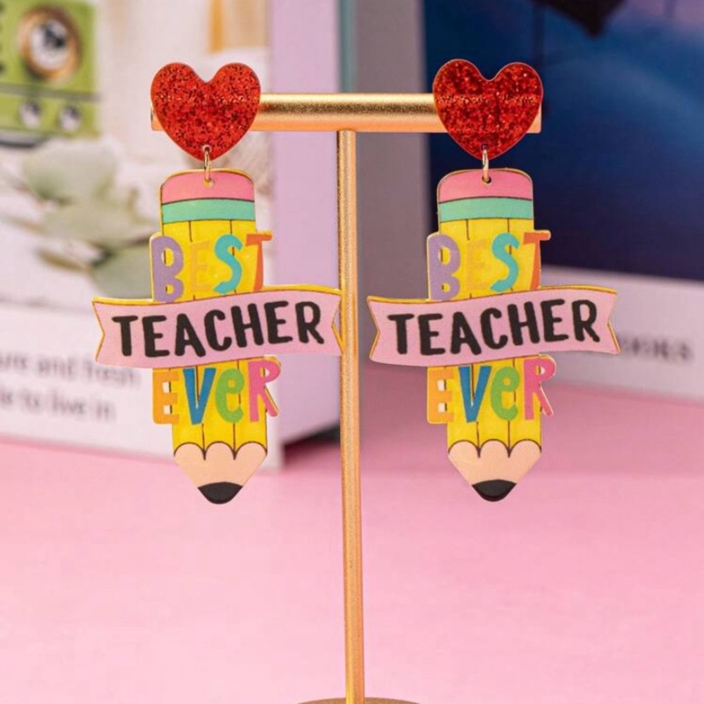 Best Teacher Ever! Acrylic Heart Shaped Teacher's Day Color Pencil Earrings.